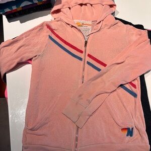 Aviator Nation Pink Hoodie with Red and Blue Stripes PRAY FOR SURF